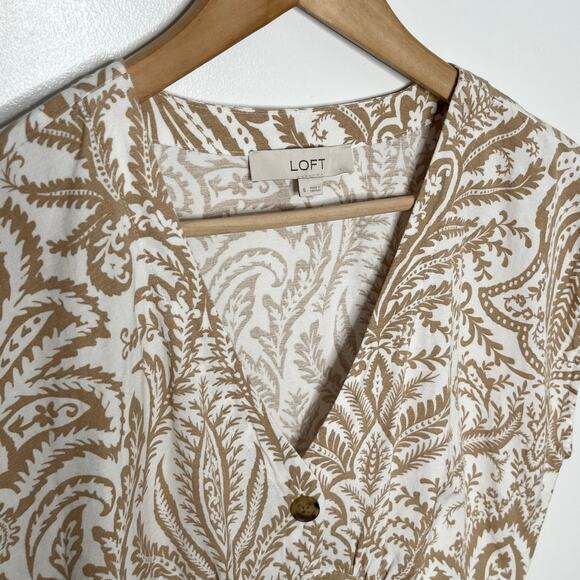 Loft Women Short Sleeve Linen Blend Button Front Dress 6 Tan Cream Floral V Neck - Picture 6 of 11